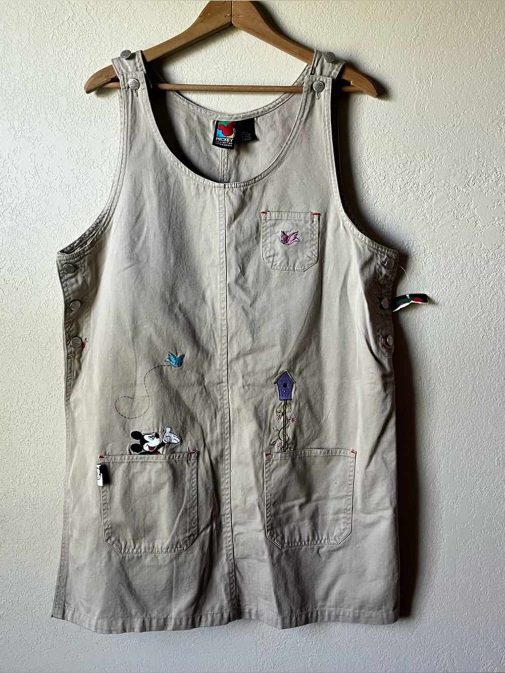 Vintage Mickey Unlimited Embroidered Overall Tan Dress - 100% Cotton